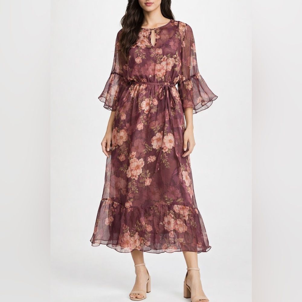 Johnny Was 100% Silk Floral Boho Sheer Midi Dress Maroon Medium Bell Sleeve